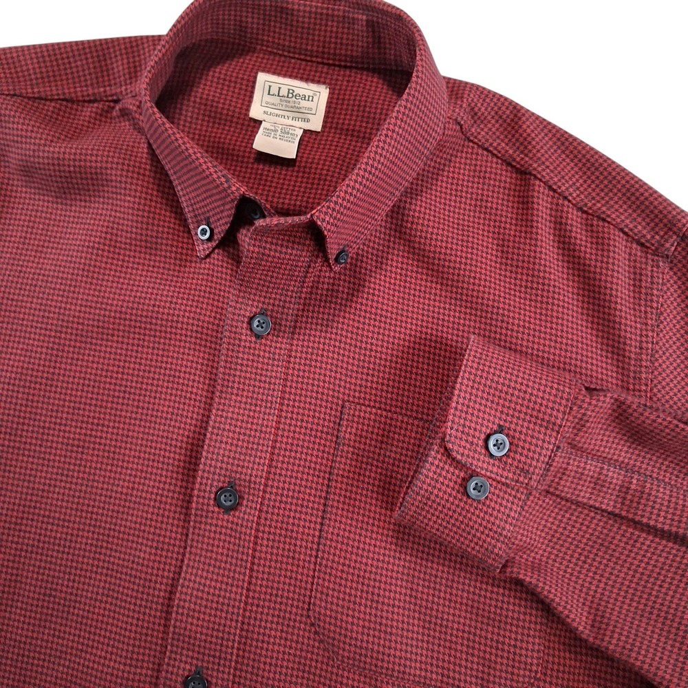 L.L. Bean Button Down Shirt Mens L Red Houndstooth Slightly Fitted 508103